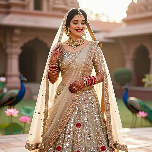 Photograph of a smiling South Asian bride in a gold and beige, sequined traditional saree, adorned with jewelry, standing outdoors with peacocks