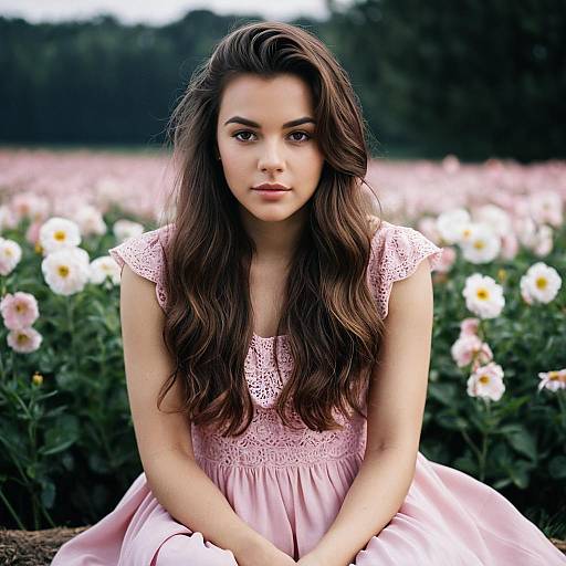 Young woman in pink dress sitting in flower field