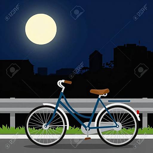 Digital illustration of a blue bicycle with brown seat, white wheels, and silver frame, parked on a road at night, under a full moon, with