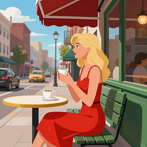 Blonde Woman in Red Dress at Sidewalk Café
