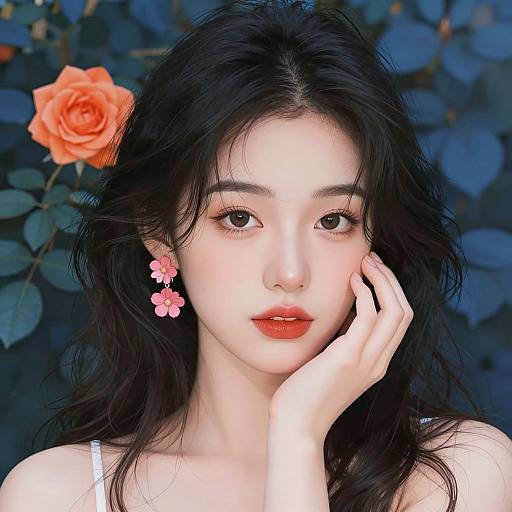 Digital portrait of an Asian woman with fair skin, black wavy hair, pink flower earrings, and an orange rose behind her head. She has red