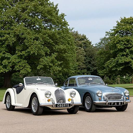 Photograph of two classic cars, a white convertible and a blue coupe, parked side-by-side on a gravel path with lush green trees in the background