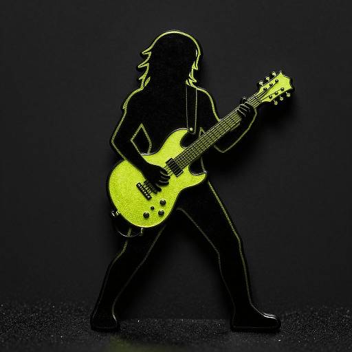 Silhouetted neon-yellow electric guitar player in dynamic stance against a black background, with bright, glowing instrument and figure. Digital art style.