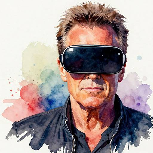 Watercolor-style digital portrait of a middle-aged man with spiky brown hair, wearing black sunglasses and a black jacket, against a colorful abstract watercolor