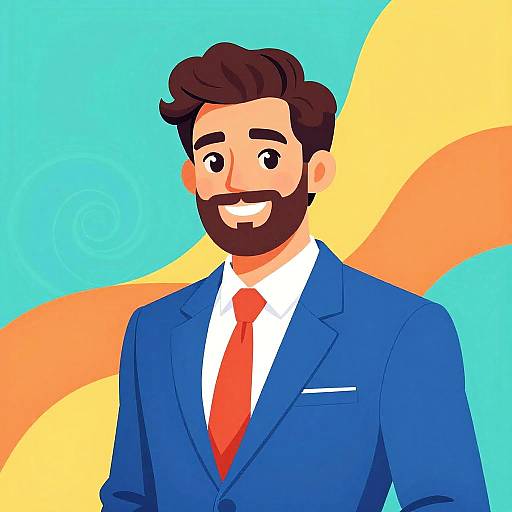 Digital illustration of a smiling, bearded man with dark brown hair in a blue suit, white shirt, and red tie, set against a vibrant blue