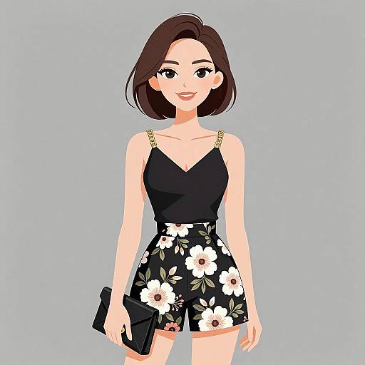 Chic Smiling Woman in Floral Shorts