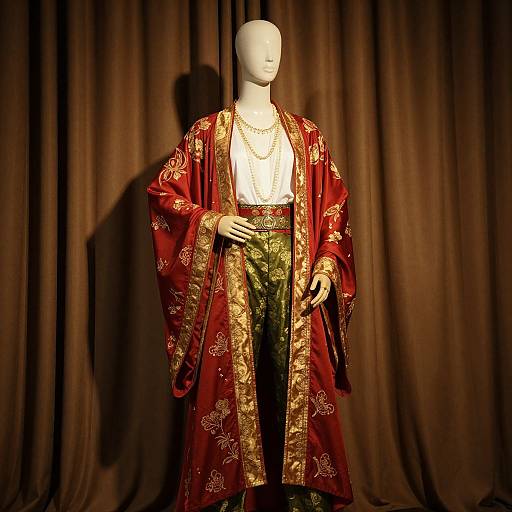 Photograph of a faceless mannequin dressed in a red and gold embroidered robe with a white shirt and green pants, standing against a brown curtain