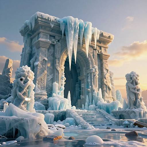 Photorealistic CGI of an icy, frozen ancient archway with icicles, snow-covered statues, and a reflective icy pond at sunset.