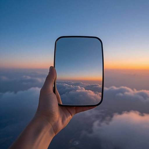 Photograph of a hand holding a smartphone, capturing a sunset sky with a gradient of blue to orange, reflected above a sea of clouds.