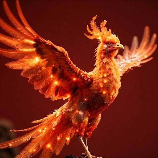 Digital illustration of a vibrant, fiery phoenix with glowing red-orange feathers, spread wings, and intense gaze against a dark red background.