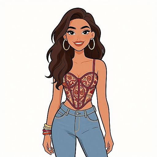 Digital illustration of a smiling woman with long dark hair, wearing a red patterned corset top, blue jeans, hoop earrings, and bracelets, standing