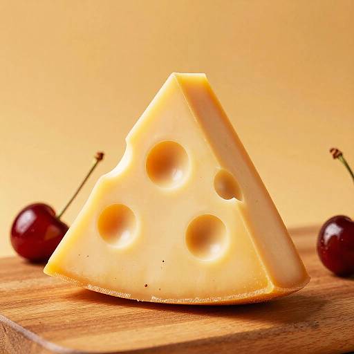 Photograph of a wedge of Swiss cheese with large holes, set on a wooden surface with two cherries in the background.