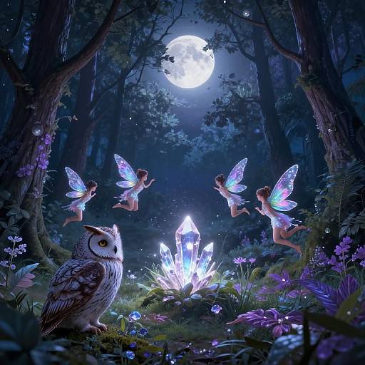 Fantasy forest scene: glowing crystals illuminate fairy-like creatures with iridescent wings, surrounded by vivid flowers, an owl, and a full moon.