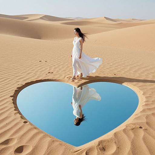 Woman in flowing white dress standing in heart-shaped oasis in desert, reflected in clear blue water, with golden sand dunes. Photograph.