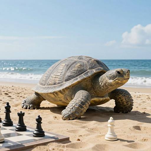 Photograph of a large tortoise on a sunny beach, playing a chess game with black and white pieces on a sandboard.