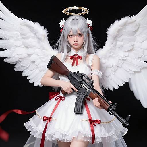 Digital artwork of a silver-haired angel with white wings, halo, and red ribbon dress, holding a rifle against a black background.