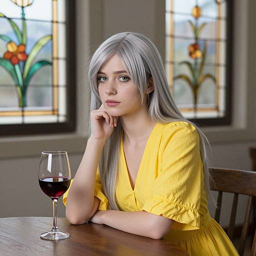 Digital portrait of a young woman with long silver hair, wearing a bright yellow dress, resting her chin on her hand, with a glass of red wine