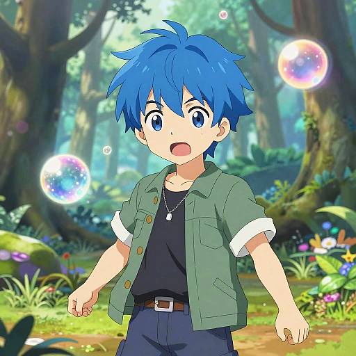 Blue-Haired Anime Boy with Magical Orbs