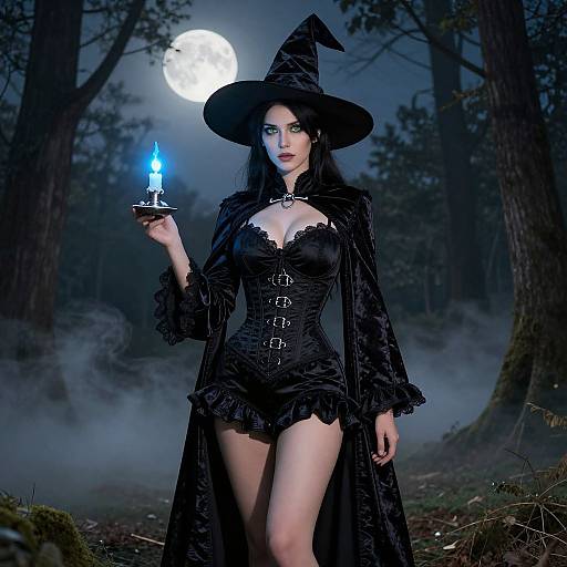 Photograph-style digital art of a pale-skinned, dark-haired witch with large breasts, wearing a black corset, mini dress, and hat,