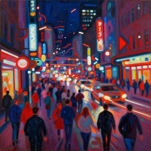 Vibrant, neon-lit city street at night, bustling with people, glowing signs, red and blue lights, and car headlights creating a lively