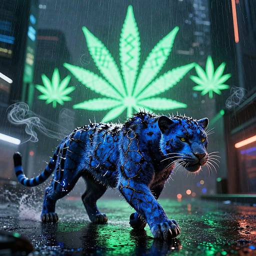 Photograph of a neon-lit, rain-soaked blue tiger with spiked fur, walking through a city street with glowing green marijuana leaf decorations in the