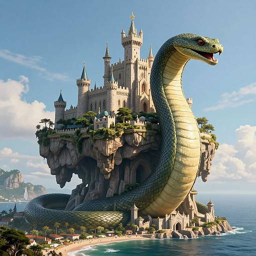 Digital art of a giant green snake coiling around a fantasy castle on a rocky island with a clear blue sky and ocean.