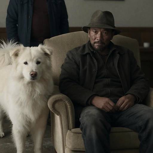 Rugged Man and Fluffy Dog in Armchair