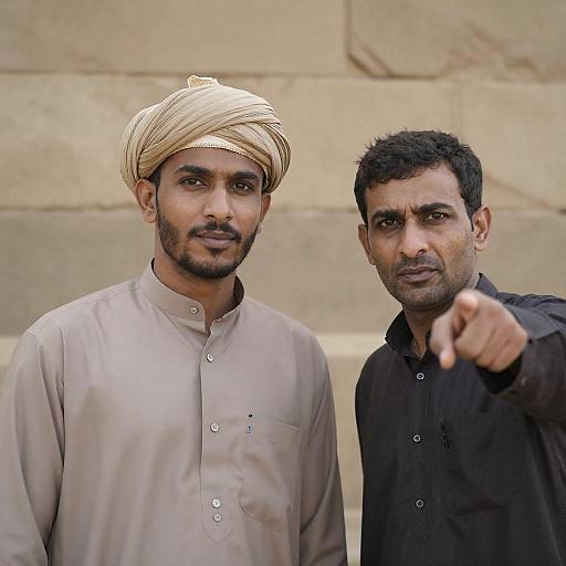 Rustic Portrait of Two Men Pointing