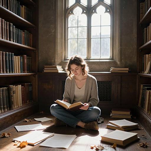 Photograph of a young woman with wavy brown hair, sitting cross-legged on a sunlit library floor, reading a book among scattered papers and books