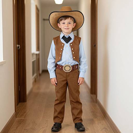 Photograph of a young boy in a cowboy outfit, standing in a wooden-floored hallway. He wears a brown vest, hat, and pants