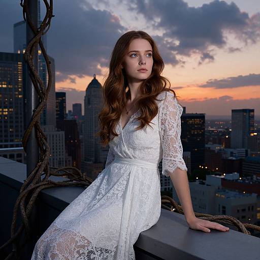 Photograph of a fair-skinned, red-haired woman in a white lace dress, leaning on a balcony railing at sunset, city skyline with dark skys