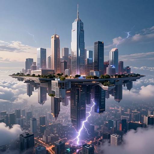 Photorealistic CGI of a floating cityscape with skyscrapers, bright lightning bolts, and clouds beneath, against a blue sky.