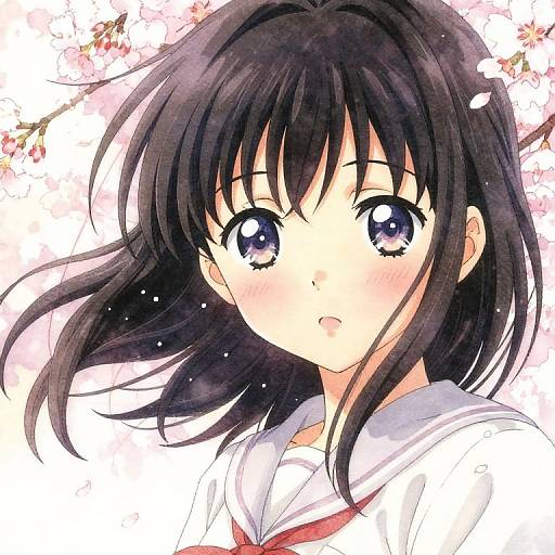 Anime-style digital illustration of a young girl with black hair, large purple eyes, and a white sailor uniform, surrounded by pink cherry blossoms.