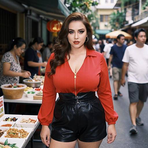 Photograph of a curvy woman with long brown hair, red blouse, black leather shorts, standing in a busy street market.