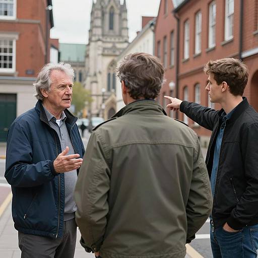 Three Men Discussing on Urban Street