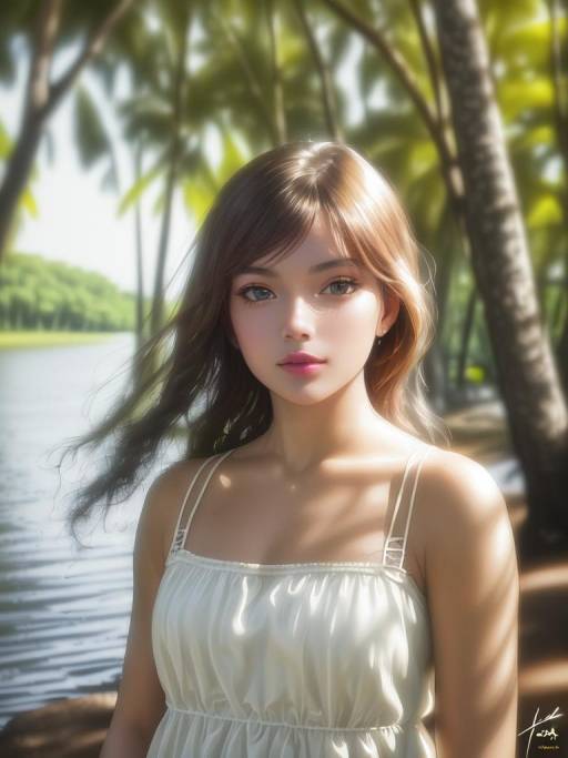Young Woman in White Dress by Water
