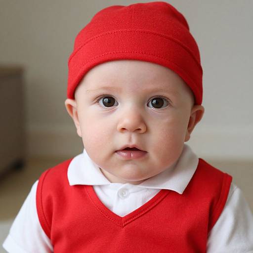 Photograph of a baby with fair skin, large blue eyes, wearing a bright red beanie and red sweater over a white shirt, against a plain