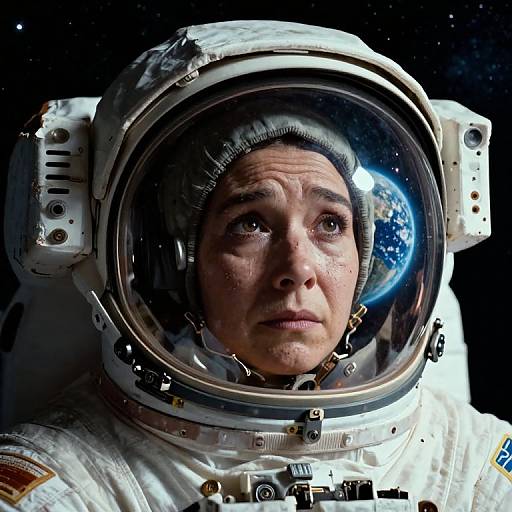 Photorealistic portrait of a middle-aged astronaut with a reflective helmet, showing Earth's blue and white surface, against a dark space background.