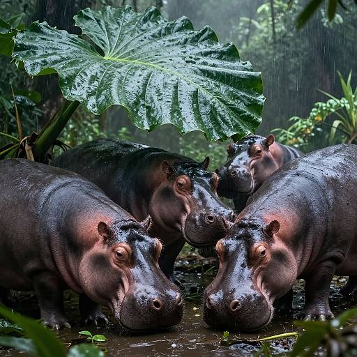 Skinny Hippos Resting in Rainforest