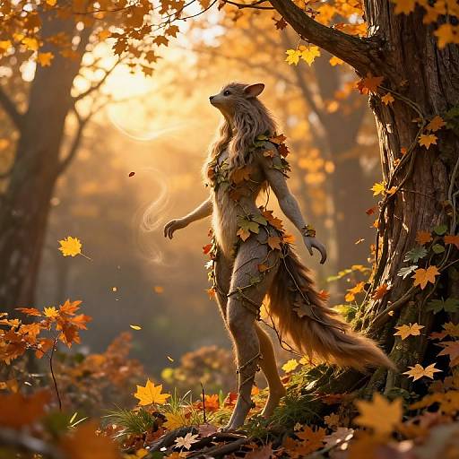 Digital art of an anthropomorphic wolf with autumn leaves as clothing, standing in a sunlit forest, surrounded by glowing orange leaves.