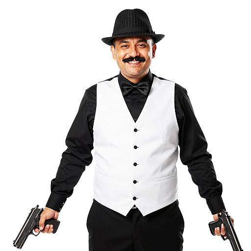 Smiling Man with Handguns in Pinstripe Hat