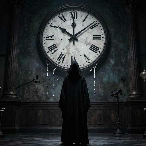Silhouetted figure in hooded cloak stands before a large, eerie clock with dripping water, dark, moody atmosphere. Digital artwork.