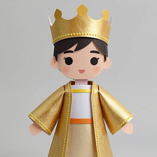 Digital cartoon of a cute, fair-skinned child with black hair, wearing a gold crown and golden robe with white and orange stripes.
