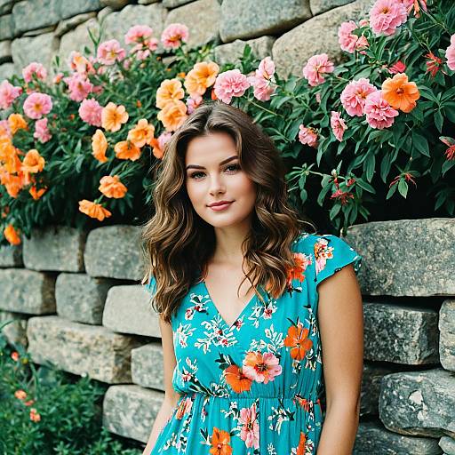 Young Woman in Floral Dress by Stone Wall