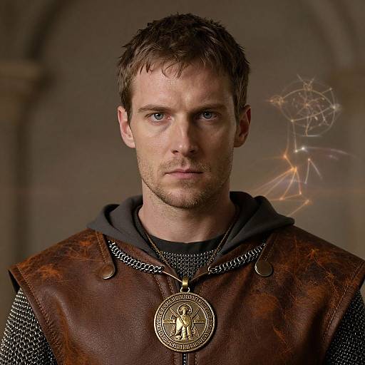 Photograph of a serious, blue-eyed, brown-haired man with short hair, wearing a brown leather vest over chainmail, with a large, detailed