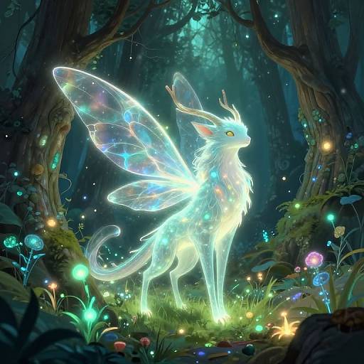 Digital fantasy artwork of a glowing, ethereal winged creature with antlers standing in a magical forest, surrounded by bioluminescent mushrooms and fire