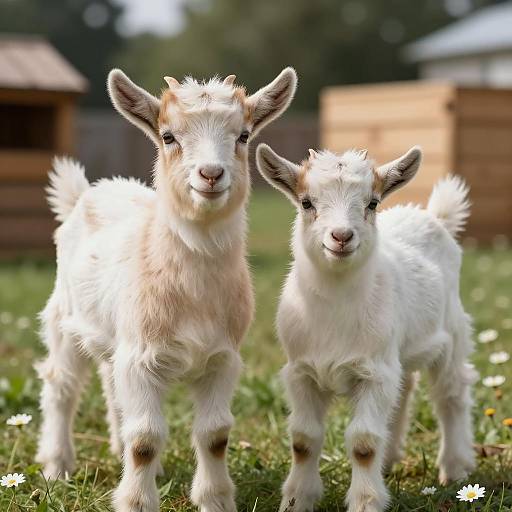 Two Fluffy Baby Goats on Grass