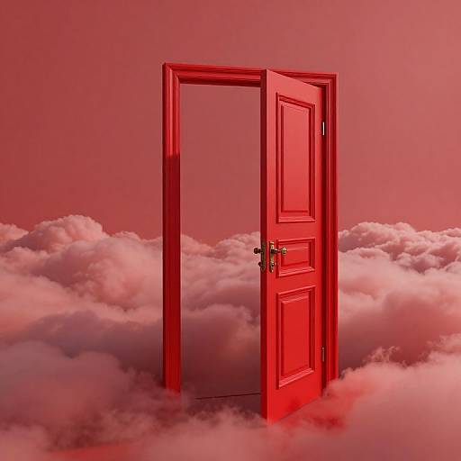 Photograph of a vivid red, open door standing on a sea of pink and white clouds against a red sky.
