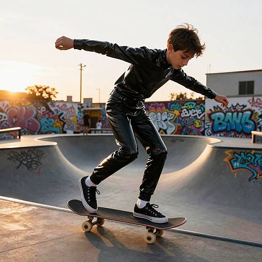 Photograph of a young boy with messy brown hair, wearing a black shiny jacket and pants, skateboarding on a sunlit outdoor skatepark with colorful