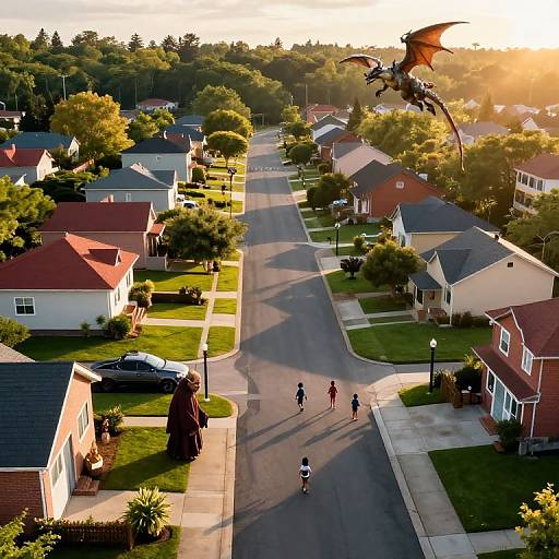 Aerial photograph of suburban neighborhood at sunset, featuring a dragon flying above, four people walking on the street, and red-roofed houses with green